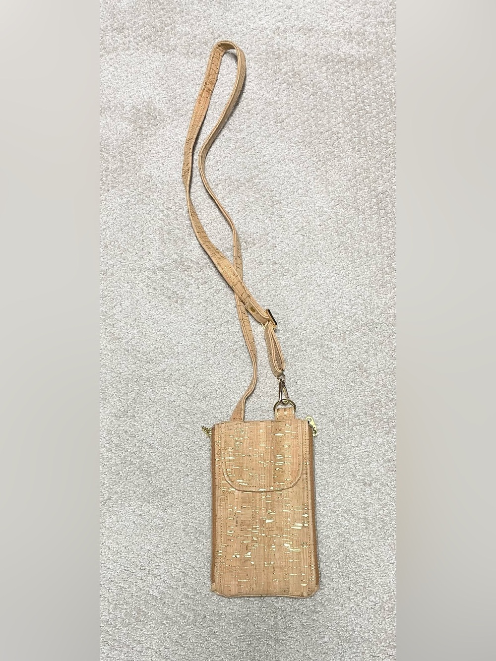 Women's Tan Cork Crossbody Phone Bag with Gold Accents